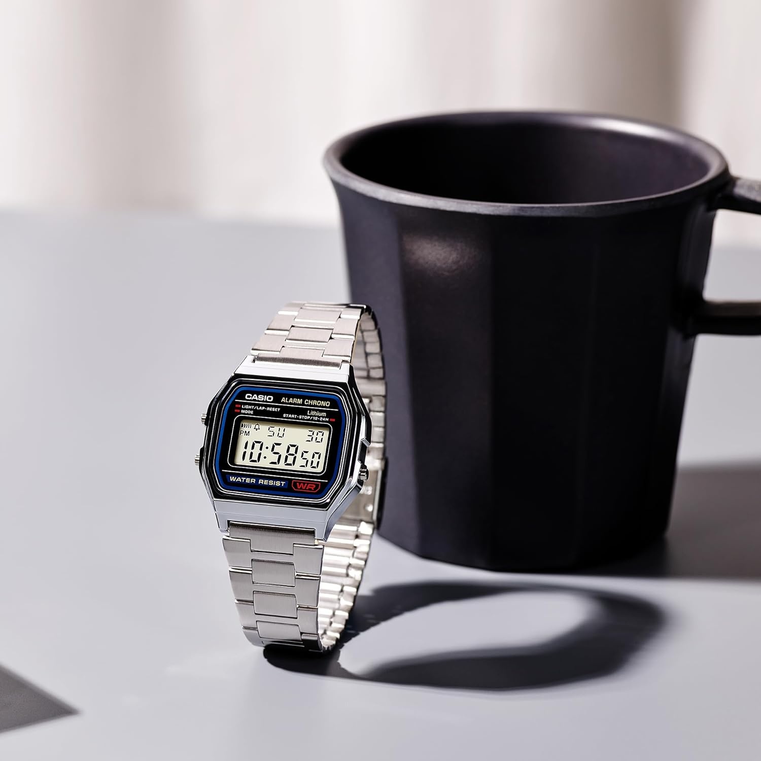 image:imageCasio A158WA Series Unisex Digital Watch Vintage WR 100 SEC Stop Watch Daily Alarm Regular Time Keeping Hour Minute Second PM Date Day Led Light 7 Yr BatterySilver
