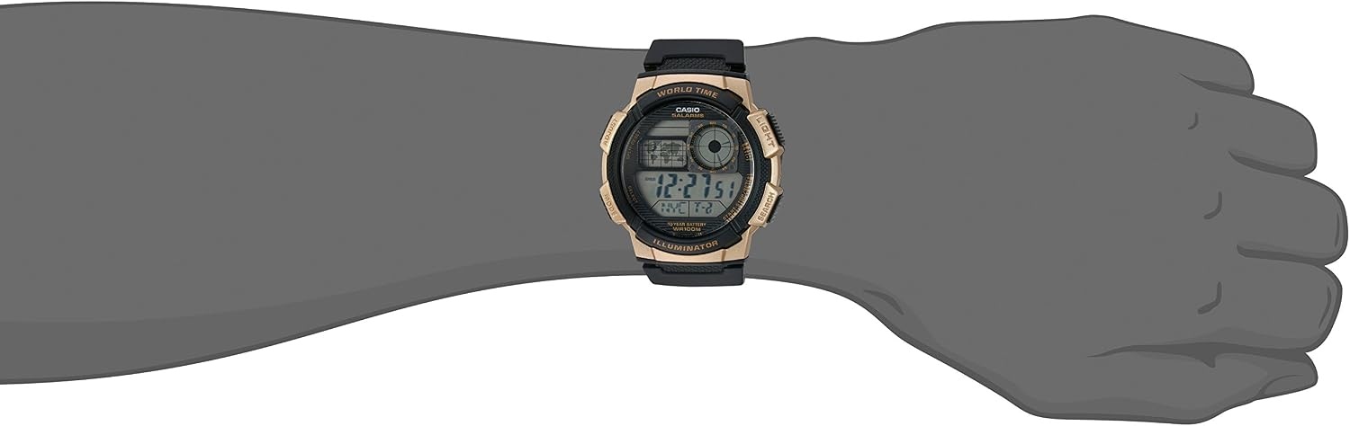 image:imageCasio AE1000W Series Mens Digital Watch 100M WR Multi Alarms 100 SEC Stopwatch Countdown Timer World Map for World Time LED Light LC Analog Display 10 Year BatteryBlackGold