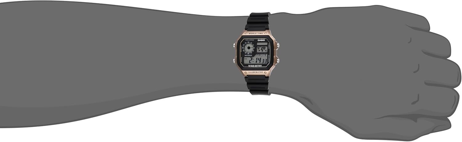 image:imageCasio AE1200WH Series Mens Digital Watch 100M WR Multi Alarms 100 SEC Stopwatch Countdown Timer World Map for World Time LED Light LC Analog Display 10 Year BatteryBlack