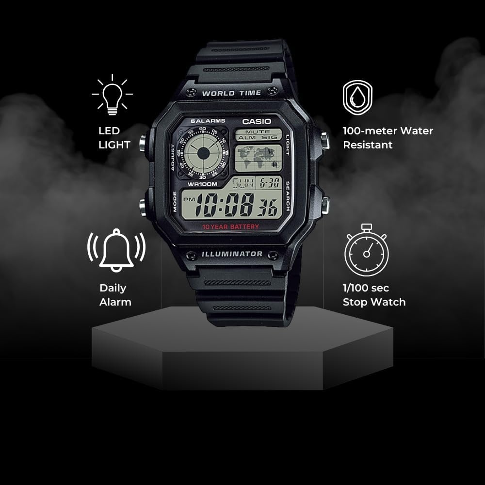 image:imageCasio AE1200WH Series Mens Digital Watch 100M WR Multi Alarms 100 SEC Stopwatch Countdown Timer World Map for World Time LED Light LC Analog Display 10 Year BatteryBlack