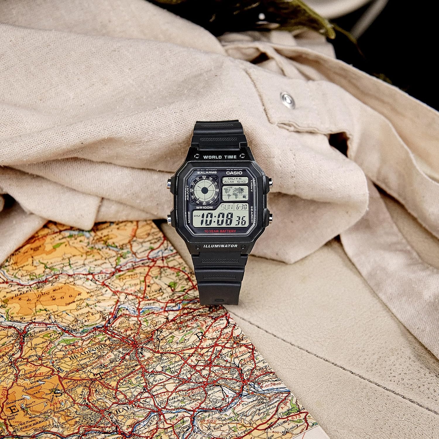 image:imageCasio AE1200WH Series Mens Digital Watch 100M WR Multi Alarms 100 SEC Stopwatch Countdown Timer World Map for World Time LED Light LC Analog Display 10 Year BatteryBlack