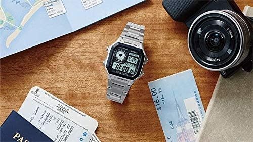 image:imageCasio AE1200WH Series Mens Digital Watch 100M WR Multi Alarms 100 SEC Stopwatch Countdown Timer World Map for World Time LED Light LC Analog Display 10 Year BatterySilver