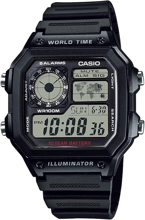 image:imageCasio AE1200WH Series Mens Digital Watch 100M WR Multi Alarms 100 SEC Stopwatch Countdown Timer World Map for World Time LED Light LC Analog Display 10 Year BatteryBlack