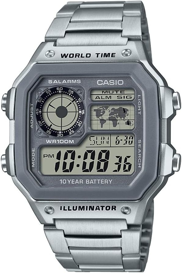 image:imageCasio AE1200WH Series Mens Digital Watch 100M WR Multi Alarms 100 SEC Stopwatch Countdown Timer World Map for World Time LED Light LC Analog Display 10 Year BatterySilver