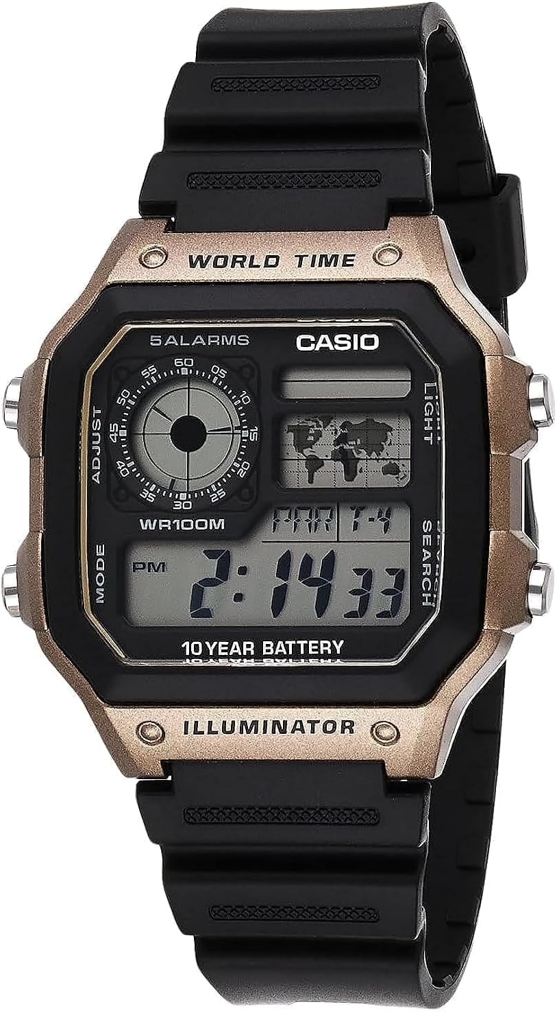 image:imageCasio AE1200WH Series Mens Digital Watch 100M WR Multi Alarms 100 SEC Stopwatch Countdown Timer World Map for World Time LED Light LC Analog Display 10 Year BatteryBlack