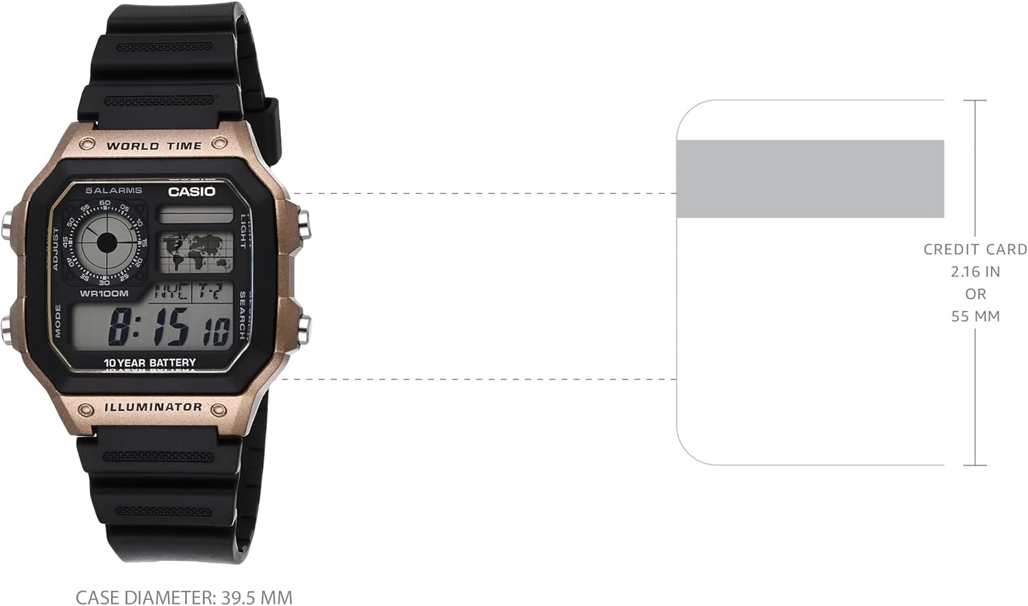 image:imageCasio AE1200WH Series Mens Digital Watch 100M WR Multi Alarms 100 SEC Stopwatch Countdown Timer World Map for World Time LED Light LC Analog Display 10 Year BatteryBlack