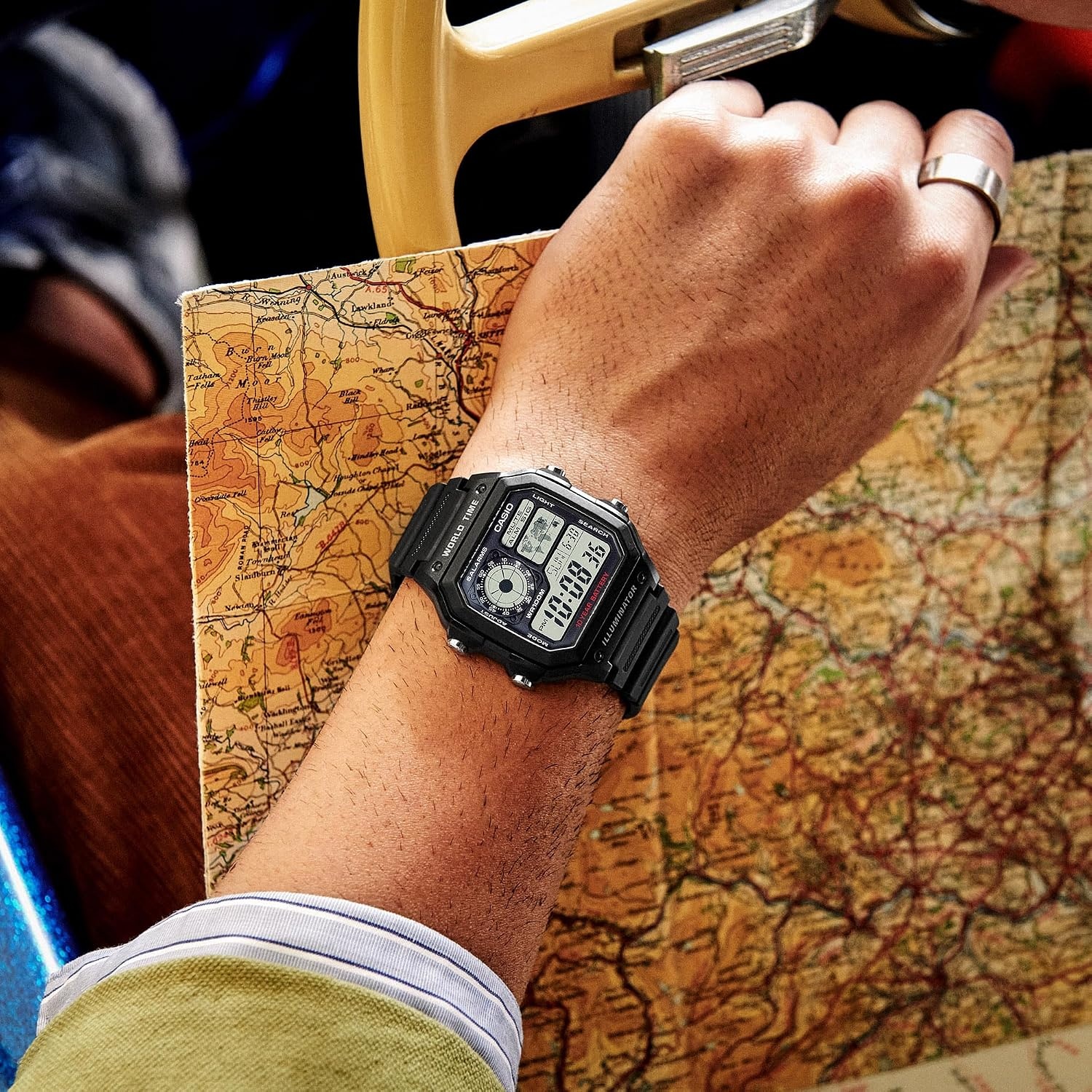 image:imageCasio AE1200WH Series Mens Digital Watch 100M WR Multi Alarms 100 SEC Stopwatch Countdown Timer World Map for World Time LED Light LC Analog Display 10 Year BatteryBlack