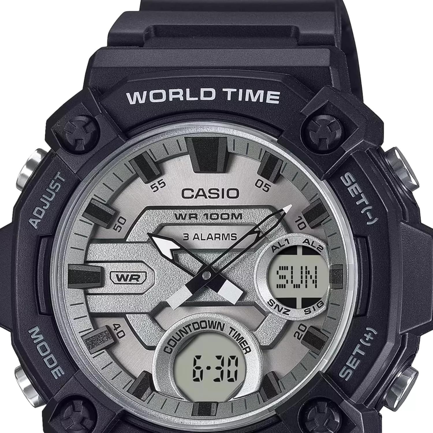 image:imageCasio AEQ120W Series 10Year Battery World Time Daily Alarm Countdown Timer AnalogDigital WatchBlackSilver