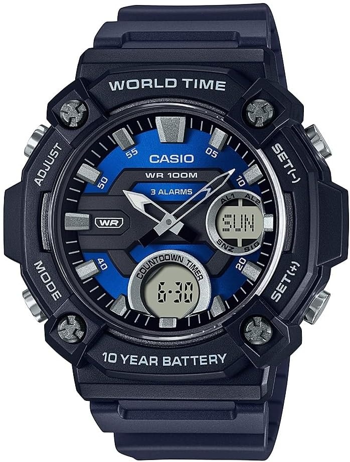 image:imageCasio AEQ120W Series Mens AnalogDigital Watch 100M Water Resistance Multi Alarms 100 SEC Stopwatch Countdown Timer World Map for World Time LED Light LC Display 10 Yr BattBlack
