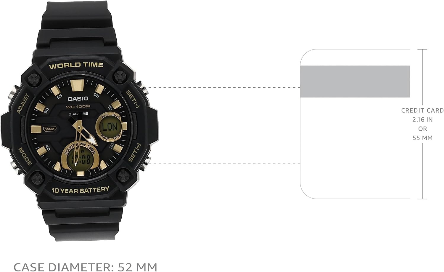image:imageCasio AEQ120W Series Mens AnalogDigital Watch 100M Water Resistance Multi Alarms 100 SEC Stopwatch Countdown Timer World Map for World Time LED Light LC Display 10 Yr BattBlack