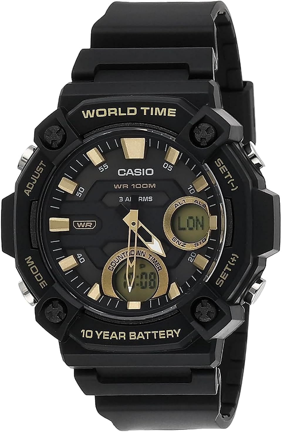 image:imageCasio AEQ120W Series Mens AnalogDigital Watch 100M Water Resistance Multi Alarms 100 SEC Stopwatch Countdown Timer World Map for World Time LED Light LC Display 10 Yr BattBlack