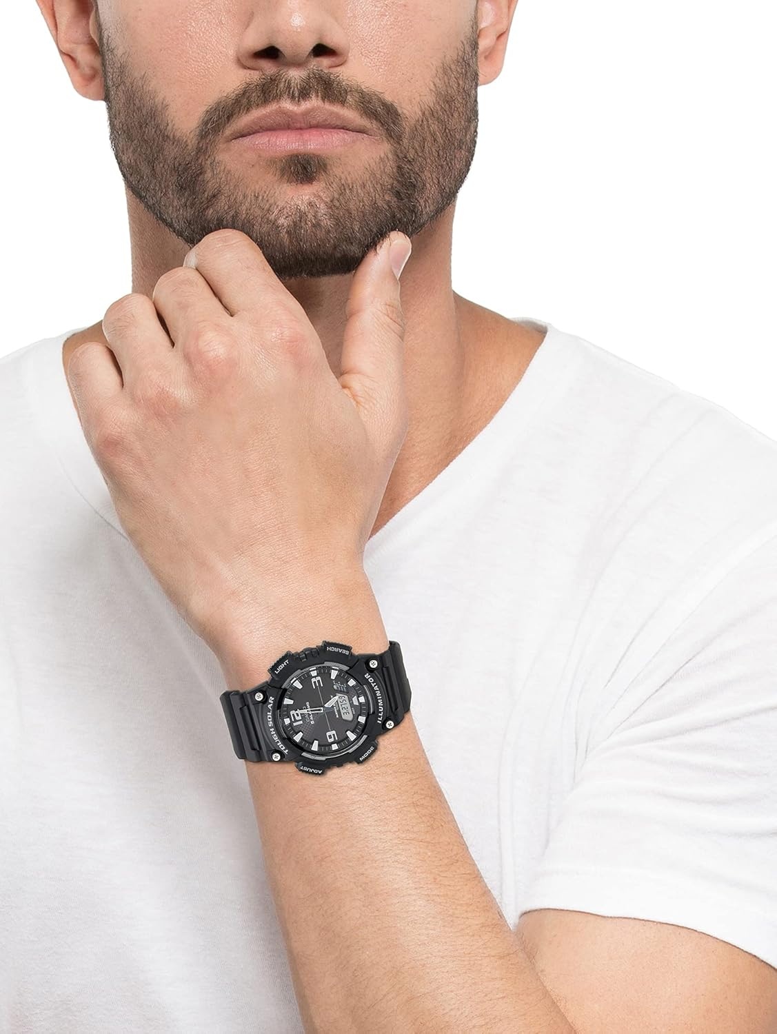 image:imageCasio AQS800W Series Analog Digital Watch 100M WR Solar Powered 1100 SEC Stop Watch 6Language Day of The Week Indicator Countdown Timer LED Light Multi AlarmBlack