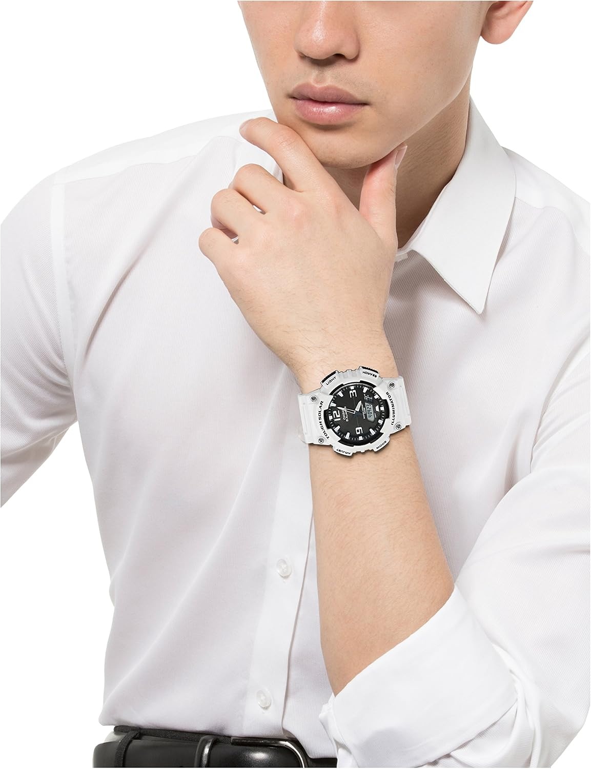 image:imageCasio AQS800W Series Analog Digital Watch 100M WR Solar Powered 1100 SEC Stop Watch 6Language Day of The Week Indicator Countdown Timer LED Light Multi AlarmWhite