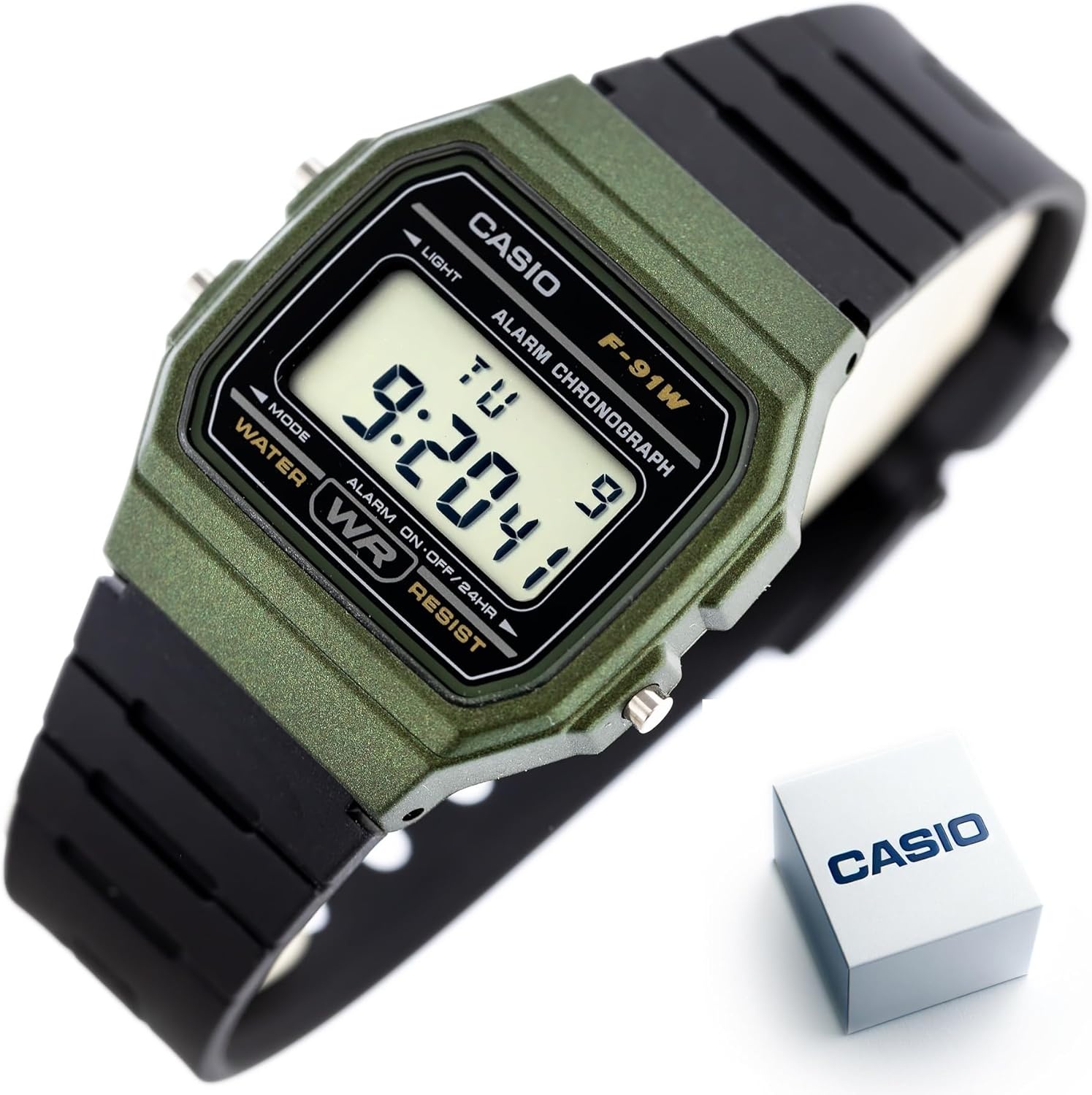 image:imageCasio F91W Series Digital Watch Water Resistant LED Light 1100 SEC Stopwatch Regular Time Keeping HR Min SEC PM Date Day Daily Alarm Lightweight 7 Year BatteryGreen