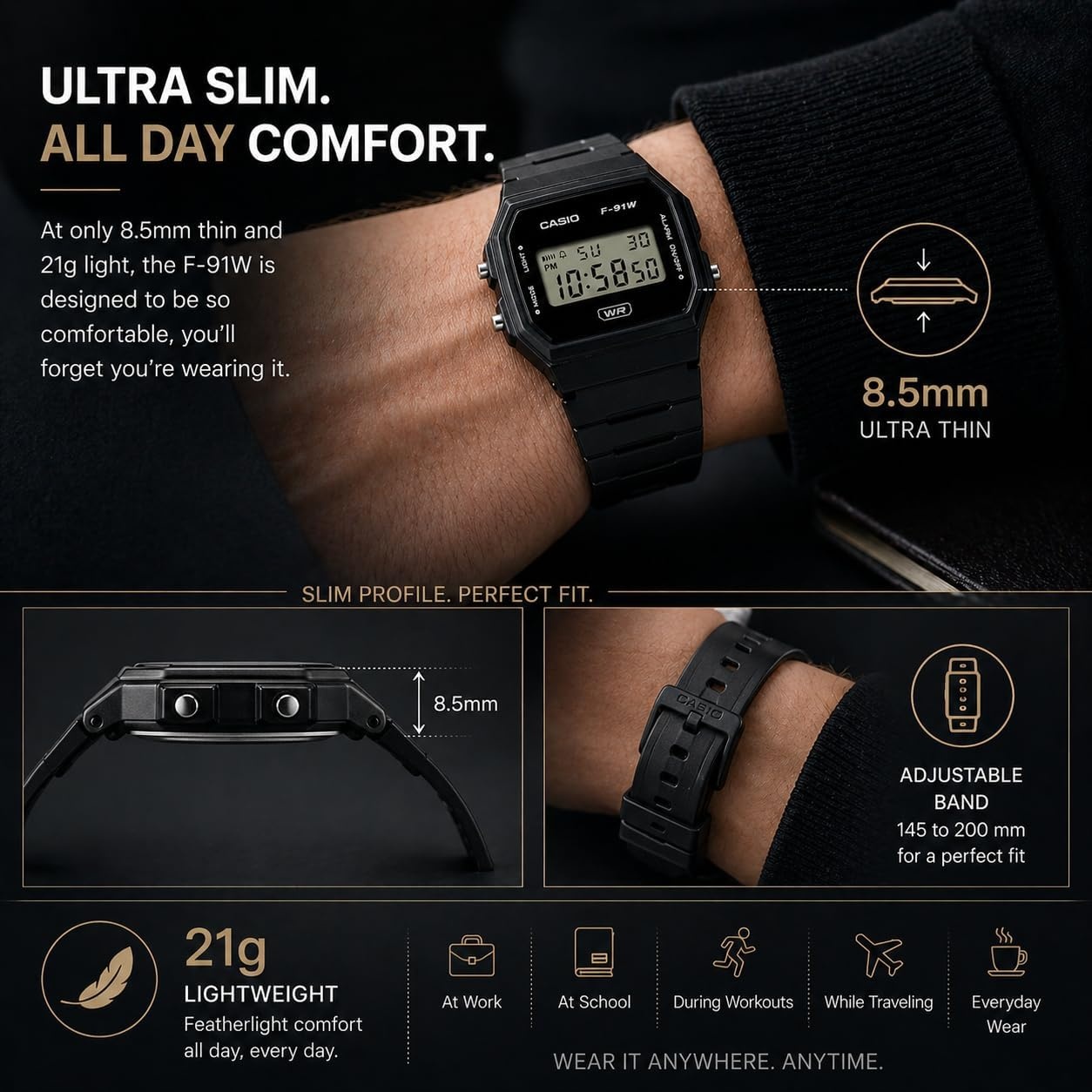 image:imageCasio F91W Series Digital Watch Water Resistant LED Light 1100 SEC Stopwatch Regular Time Keeping HR Min SEC PM Date Day Daily Alarm Lightweight 7 Year BatteryBlack