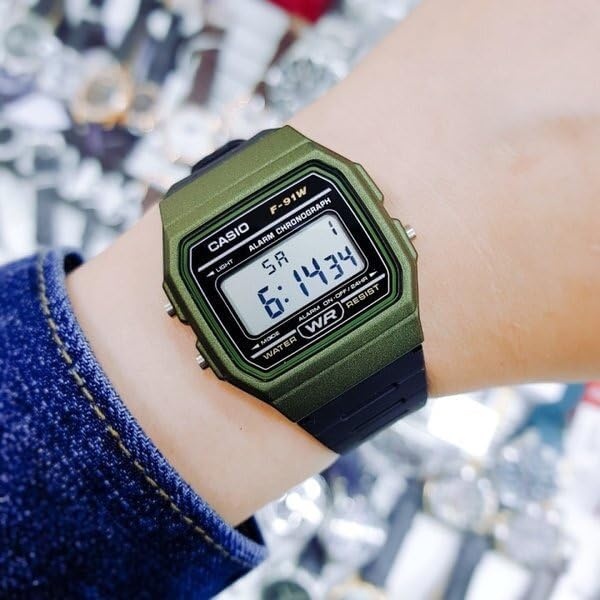 image:imageCasio F91W Series Digital Watch Water Resistant LED Light 1100 SEC Stopwatch Regular Time Keeping HR Min SEC PM Date Day Daily Alarm Lightweight 7 Year BatteryGreen