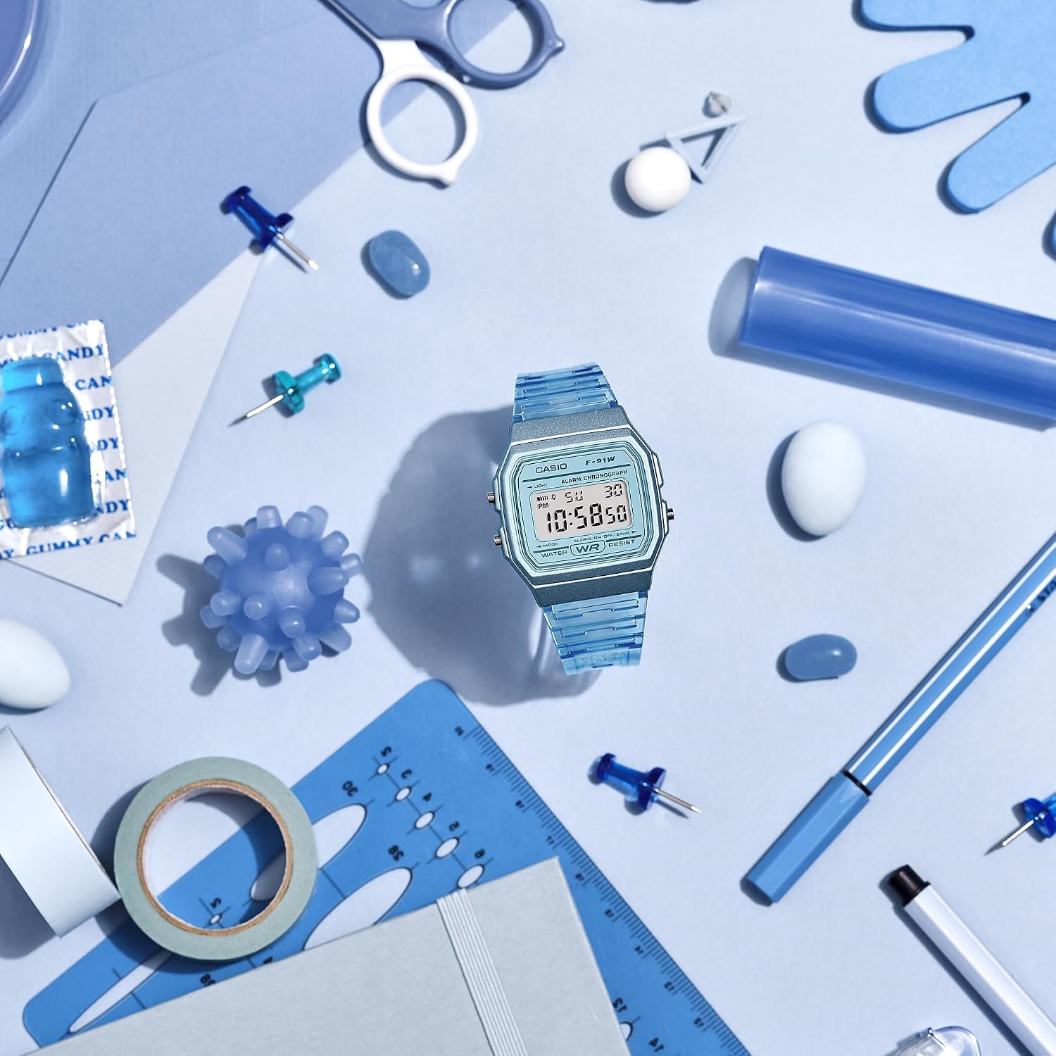 image:imageCasio F91W Series Digital Watch Water Resistant LED Light 1100 SEC Stopwatch Regular Time Keeping HR Min SEC PM Date Day Daily Alarm Lightweight 7 Year BatteryClear Blue