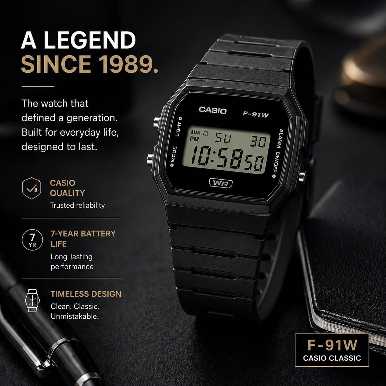 image:imageCasio F91W Series Digital Watch Water Resistant LED Light 1100 SEC Stopwatch Regular Time Keeping HR Min SEC PM Date Day Daily Alarm Lightweight 7 Year BatteryBlack