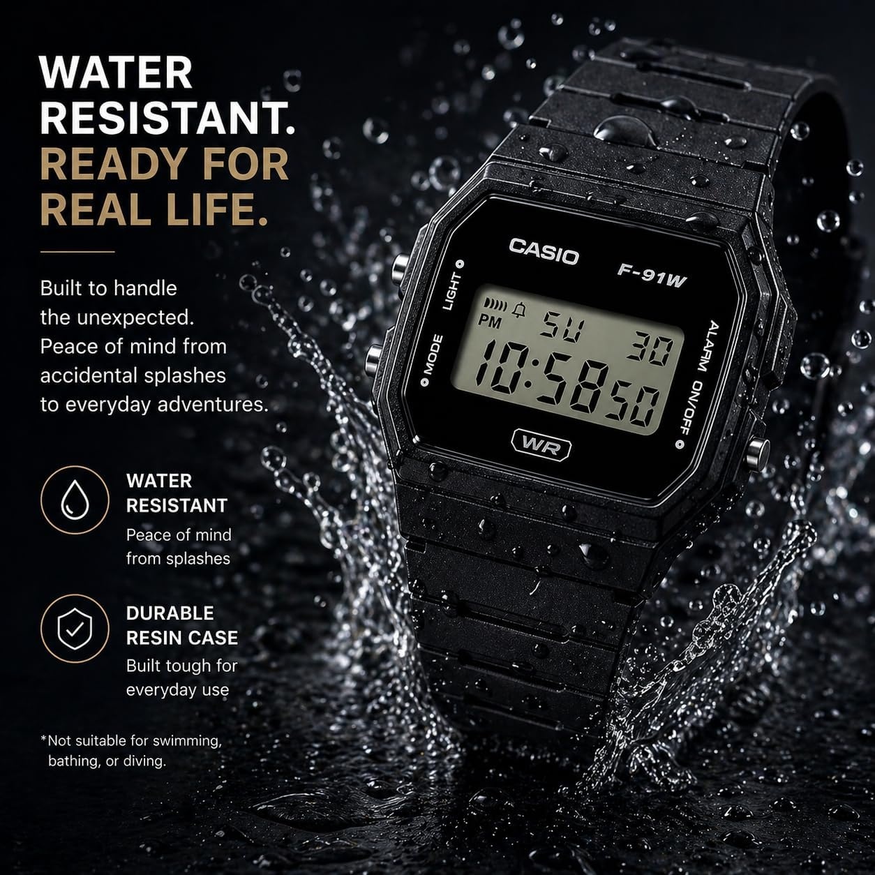 image:imageCasio F91W Series Digital Watch Water Resistant LED Light 1100 SEC Stopwatch Regular Time Keeping HR Min SEC PM Date Day Daily Alarm Lightweight 7 Year BatteryBlack