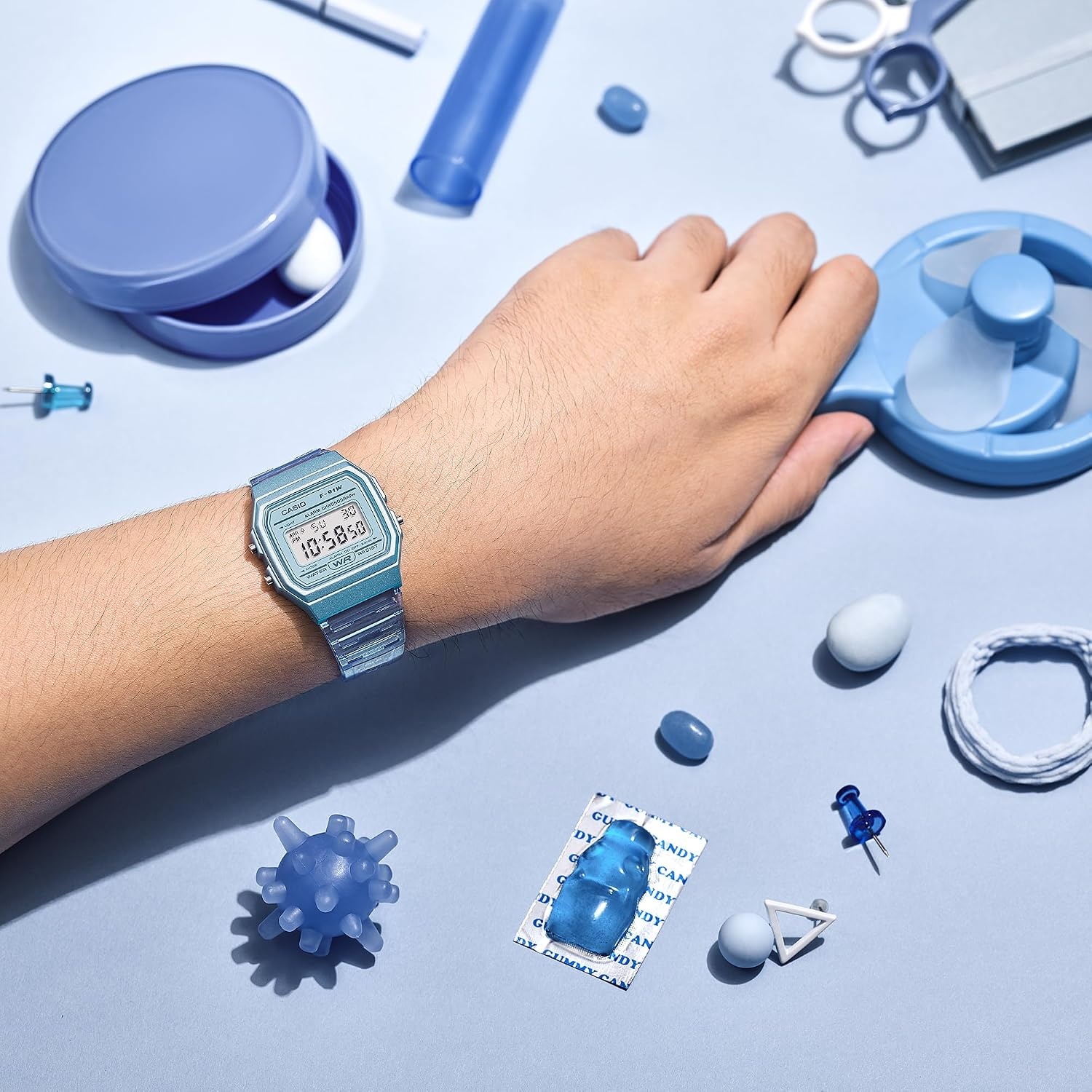 image:imageCasio F91W Series Digital Watch Water Resistant LED Light 1100 SEC Stopwatch Regular Time Keeping HR Min SEC PM Date Day Daily Alarm Lightweight 7 Year BatteryClear Blue
