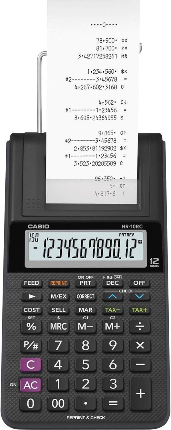 image:imageCasio HR10RC Mini Desktop Printing Calculator Portable 12Digit Display OneColor Printer Tax amp Currency Ideal for Taxes Bookkeeping amp Accounting Tasks BlackPrinting Calculator