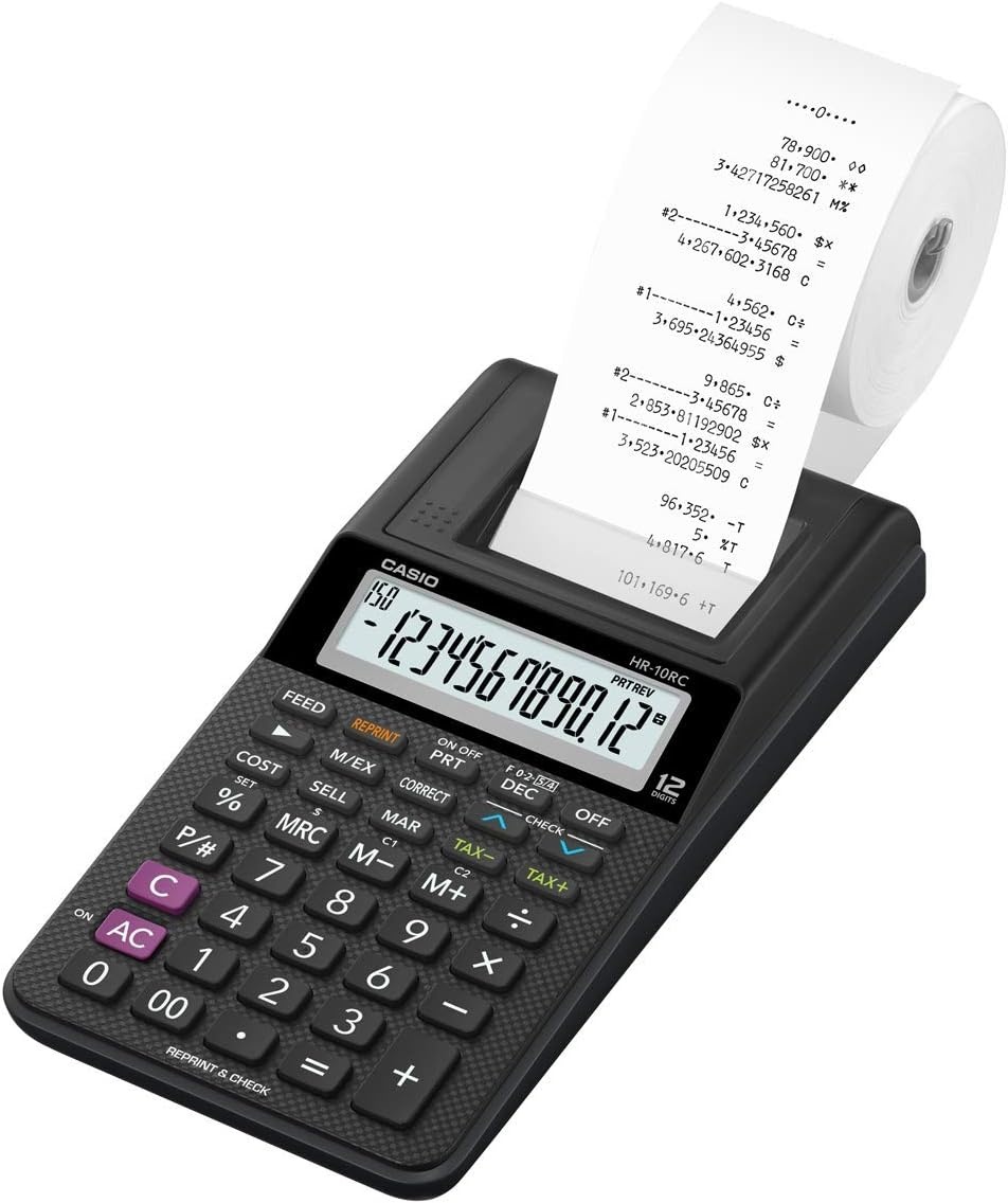 image:imageCasio HR10RC Mini Desktop Printing Calculator Portable 12Digit Display OneColor Printer Tax amp Currency Ideal for Taxes Bookkeeping amp Accounting Tasks BlackPrinting Calculator