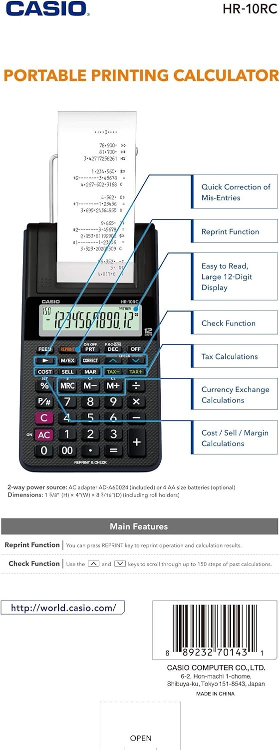image:imageCasio HR10RC Mini Desktop Printing Calculator Portable 12Digit Display OneColor Printer Tax amp Currency Ideal for Taxes Bookkeeping amp Accounting Tasks BlackPrinting Calculator