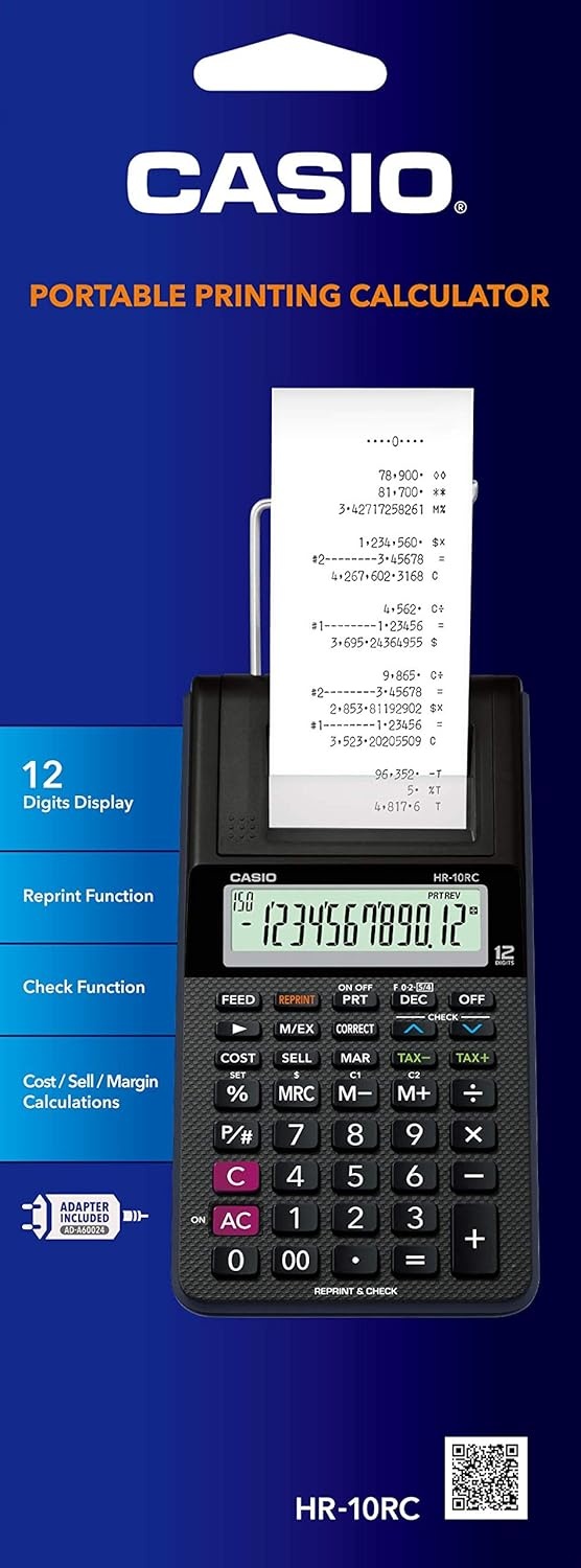 image:imageCasio HR10RC Mini Desktop Printing Calculator Portable 12Digit Display OneColor Printer Tax amp Currency Ideal for Taxes Bookkeeping amp Accounting Tasks BlackPrinting Calculator