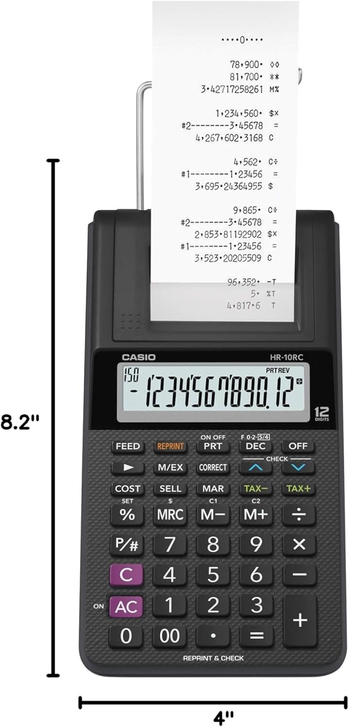 image:imageCasio HR10RC Mini Desktop Printing Calculator Portable 12Digit Display OneColor Printer Tax amp Currency Ideal for Taxes Bookkeeping amp Accounting Tasks BlackPrinting Calculator