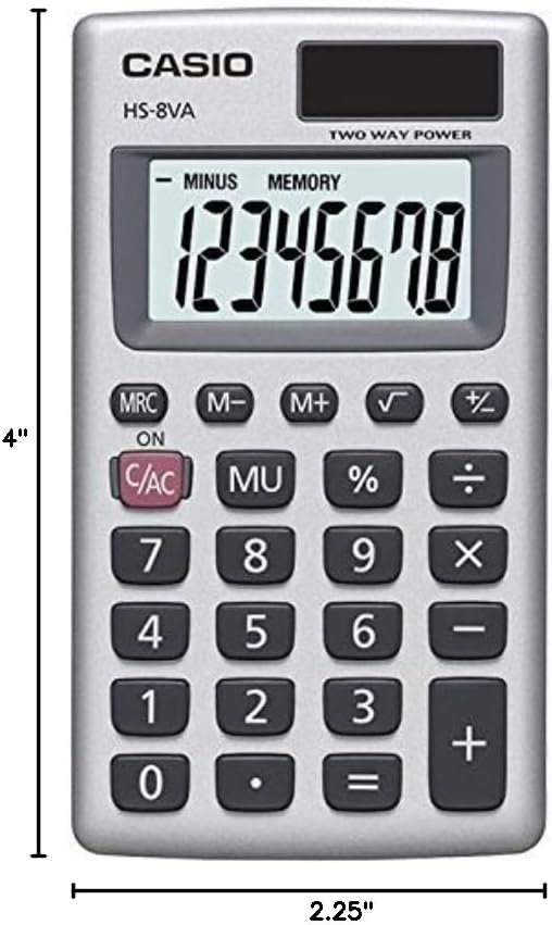 image:imageCasio HS8VA Mini 6Function Calculator Large 8Digit LCD Display Solar Powered with Battery Backup Standard Function Portable Pocket Size1 Count Pack of 2