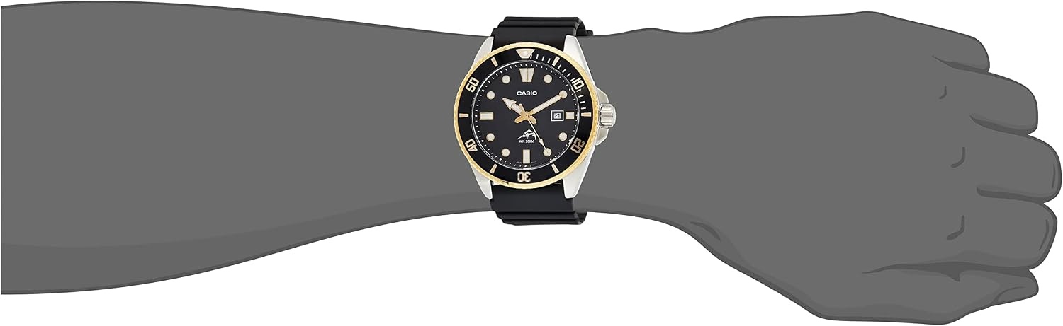 image:imageCasio MDV106 Series Unisex Analog Watch 200M WR Stainless Steel Case Resin Band 2 Hand Analog HR Min SEC Date Display Screw Down CrownScrew Down Caseback 3 Year BatteryGold