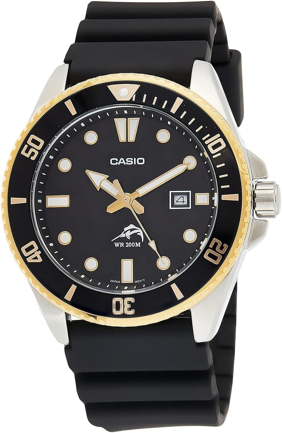 image:imageCasio MDV106 Series Unisex Analog Watch 200M WR Stainless Steel Case Resin Band 2 Hand Analog HR Min SEC Date Display Screw Down CrownScrew Down Caseback 3 Year BatteryGold