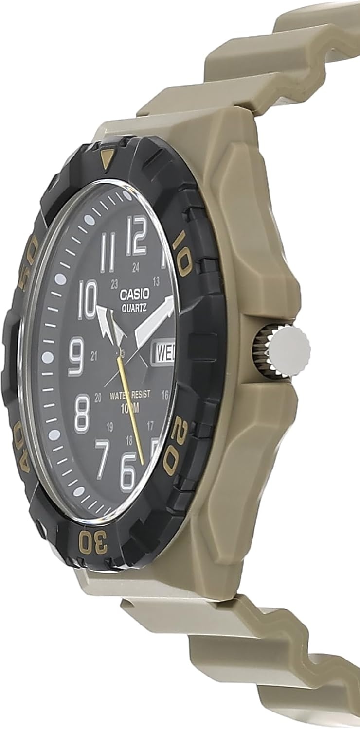 image:imageCasio MRW200H Series Mens Analog Watch Sporty Design 100 Meter Water Resistance Date Display Rotary Bezel Regular Time Keeping HR Min SEC PM Date Day 3 Year BatteryBeigeBlack