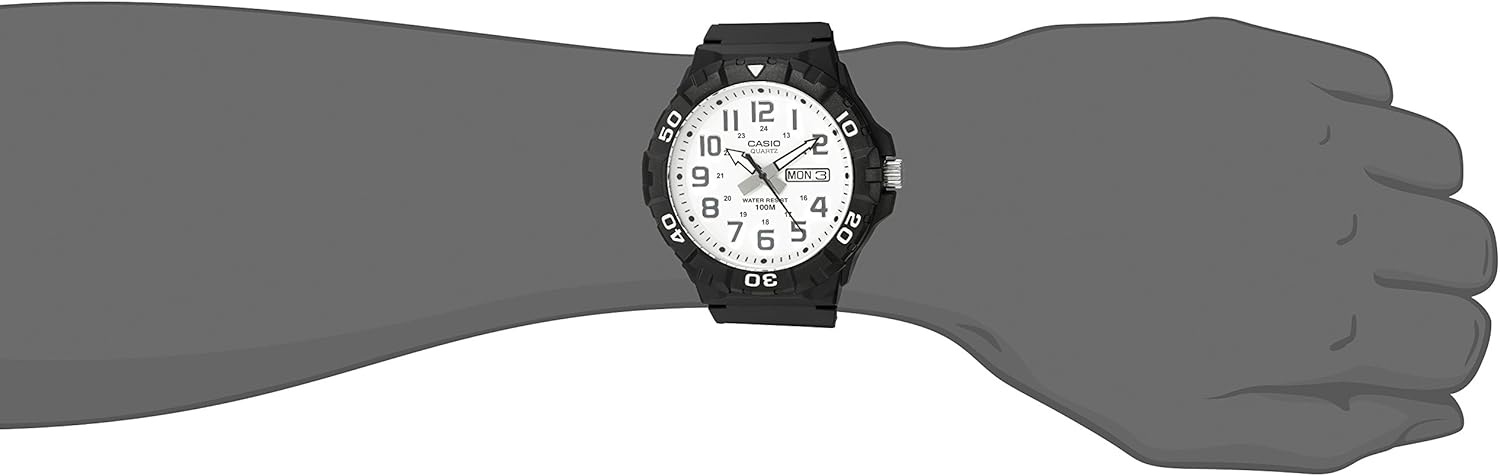 image:imageCasio MRW200H Series Mens Analog Watch Sporty Design 100 Meter Water Resistance Date Display Rotary Bezel Regular Time Keeping HR Min SEC PM Date Day 3 Year BatteryBlackWhite
