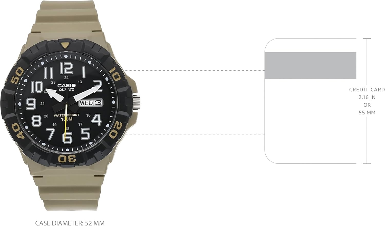 image:imageCasio MRW200H Series Mens Analog Watch Sporty Design 100 Meter Water Resistance Date Display Rotary Bezel Regular Time Keeping HR Min SEC PM Date Day 3 Year BatteryBeigeBlack