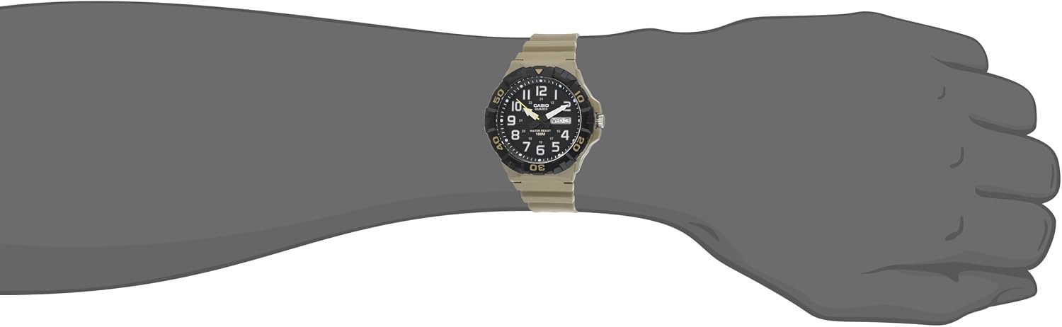 image:imageCasio MRW200H Series Mens Analog Watch Sporty Design 100 Meter Water Resistance Date Display Rotary Bezel Regular Time Keeping HR Min SEC PM Date Day 3 Year BatteryBeigeBlack