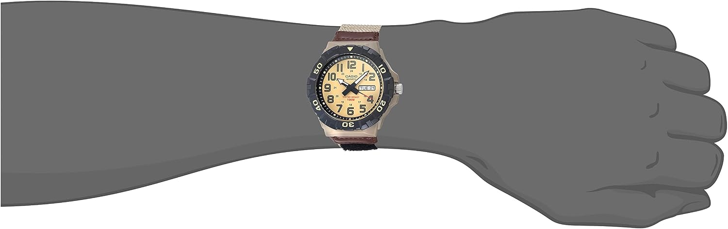image:imageCasio MRW200H Series Mens Analog Watch Sporty Design 100 Meter Water Resistance Date Display Rotary Bezel Regular Time Keeping HR Min SEC PM Date Day 3 Year BatteryKhaki