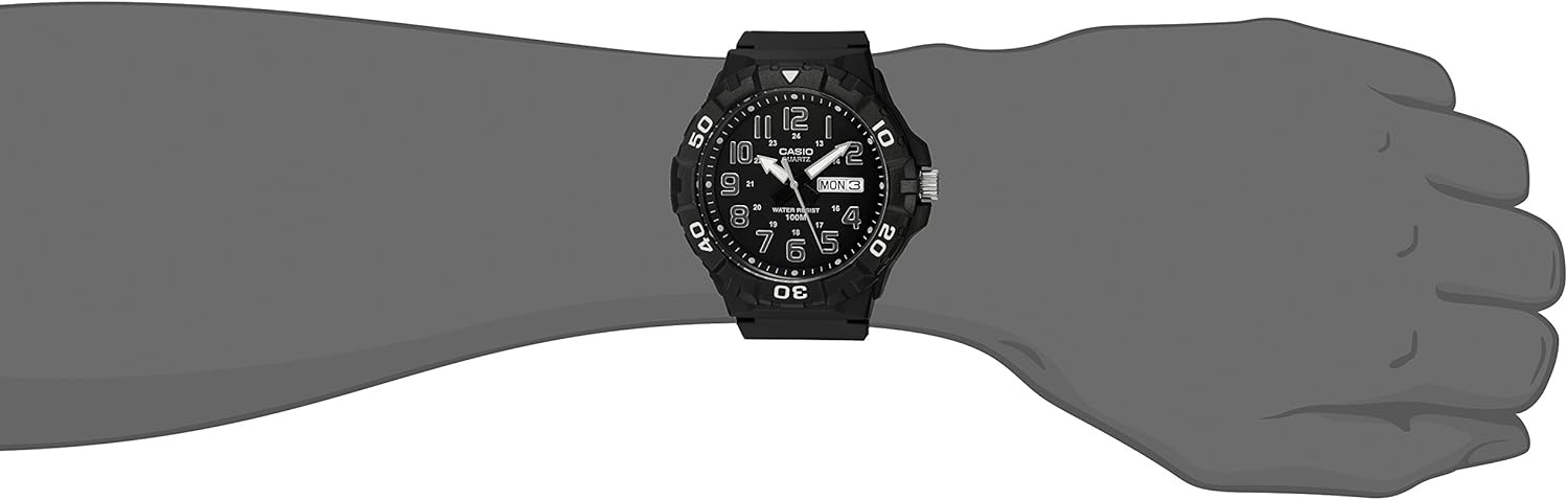 image:imageCasio MRW200H Series Mens Analog Watch Sporty Design 100 Meter Water Resistance Date Display Rotary Bezel Regular Time Keeping HR Min SEC PM Date Day 3 Year BatteryBlackWhite