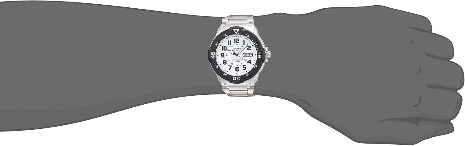 image:imageCasio MRW200H Series Unisex Analog Watch 100M WR Stainless Steel Case Resin Band 2 Hand Analog HR Min SEC Date Display Screw Down CrownScrew Down Caseback 3 Year BatterySilver