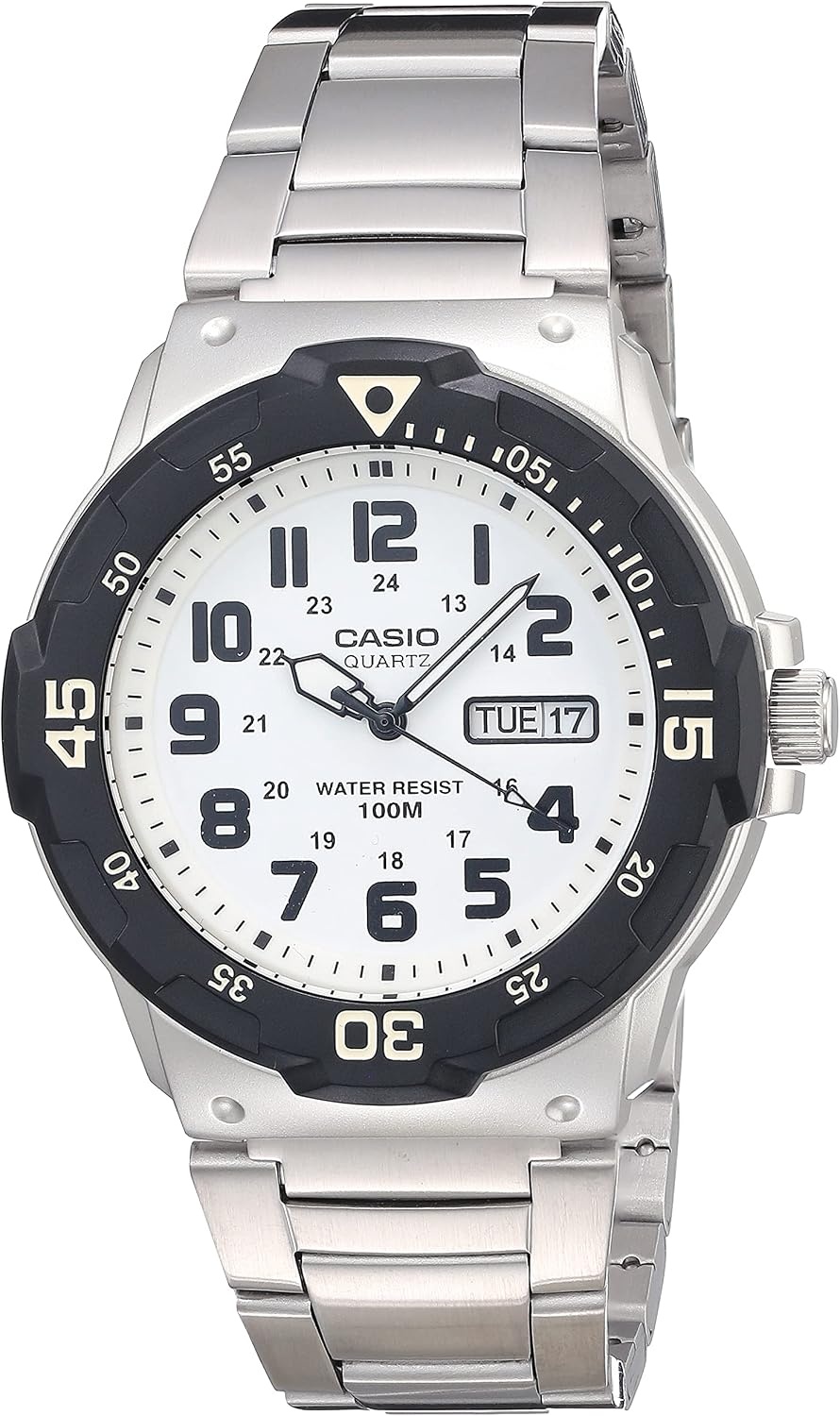 image:imageCasio MRW200H Series Unisex Analog Watch 100M WR Stainless Steel Case Resin Band 2 Hand Analog HR Min SEC Date Display Screw Down CrownScrew Down Caseback 3 Year BatterySilver