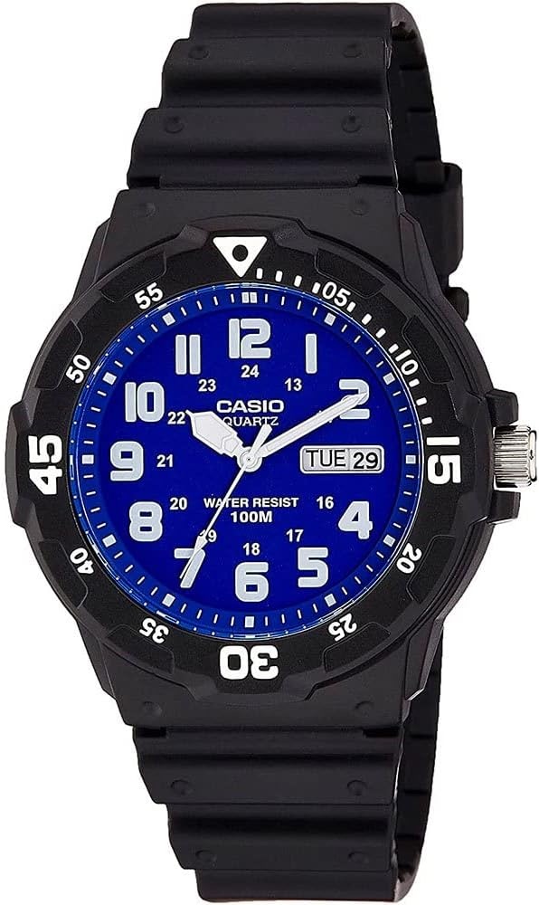 image:imageCasio MRW200H Series Unisex Analog Watch 100M WR Stainless Steel Case Resin Band 2 Hand Analog HR Min SEC Date Display Screw Down CrownScrew Down Caseback 3 Year BatteryBlackBlue