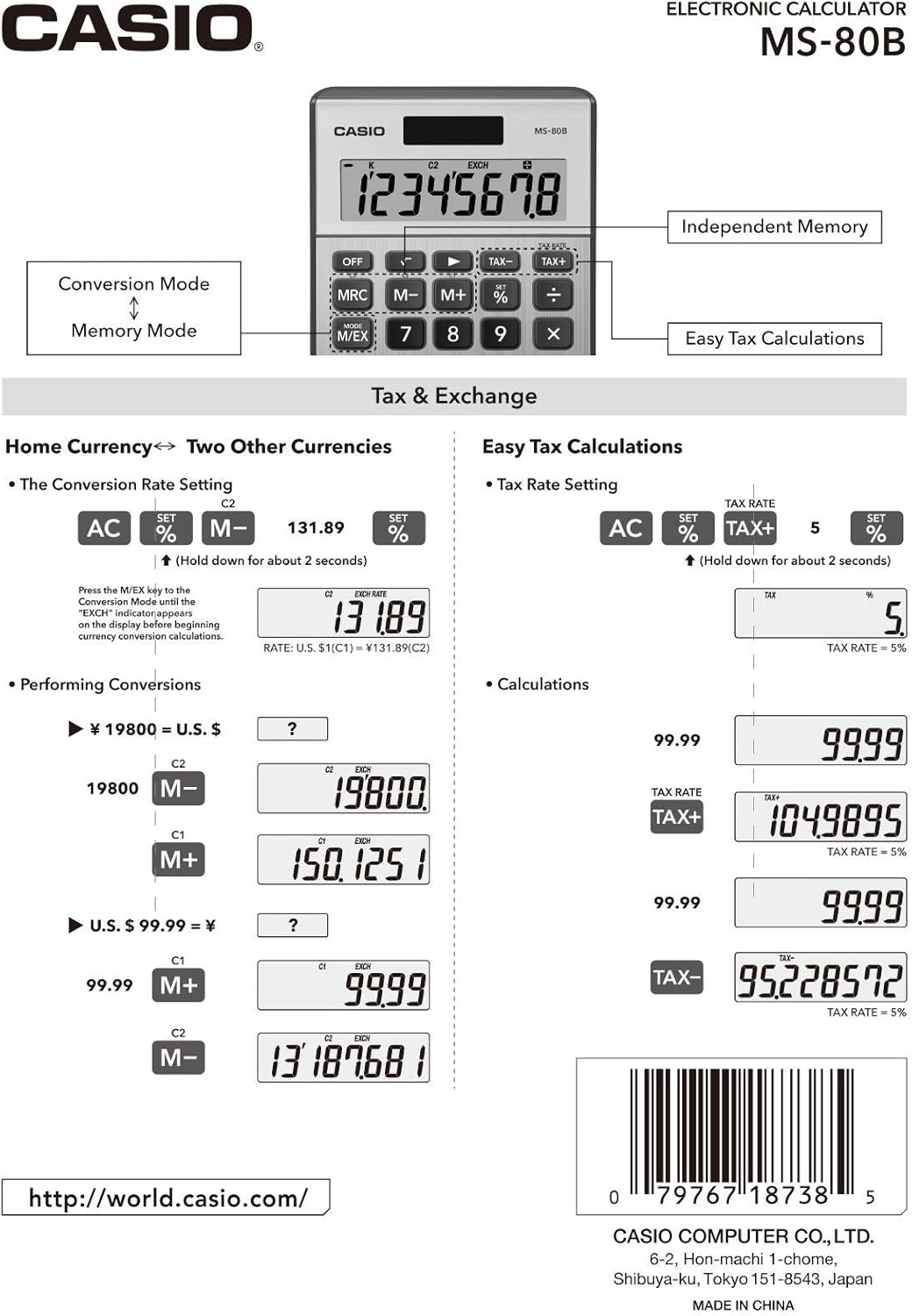 image:imageCasio MS80B Calculator Desktop Calculator with Tax amp Currency Tools General Purpose Large Display Ideal for Home Office amp Everyday MathBrush Nickel
