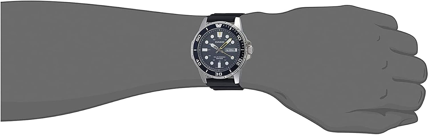 image:imageCasio MTPS110 Series Unisex Analog Watch 100M WR Stainless Steel Case 3 Hand Analog HR Min SEC Date Display Low Battery Alert Diver Inspired Styling Solar PoweredBlack