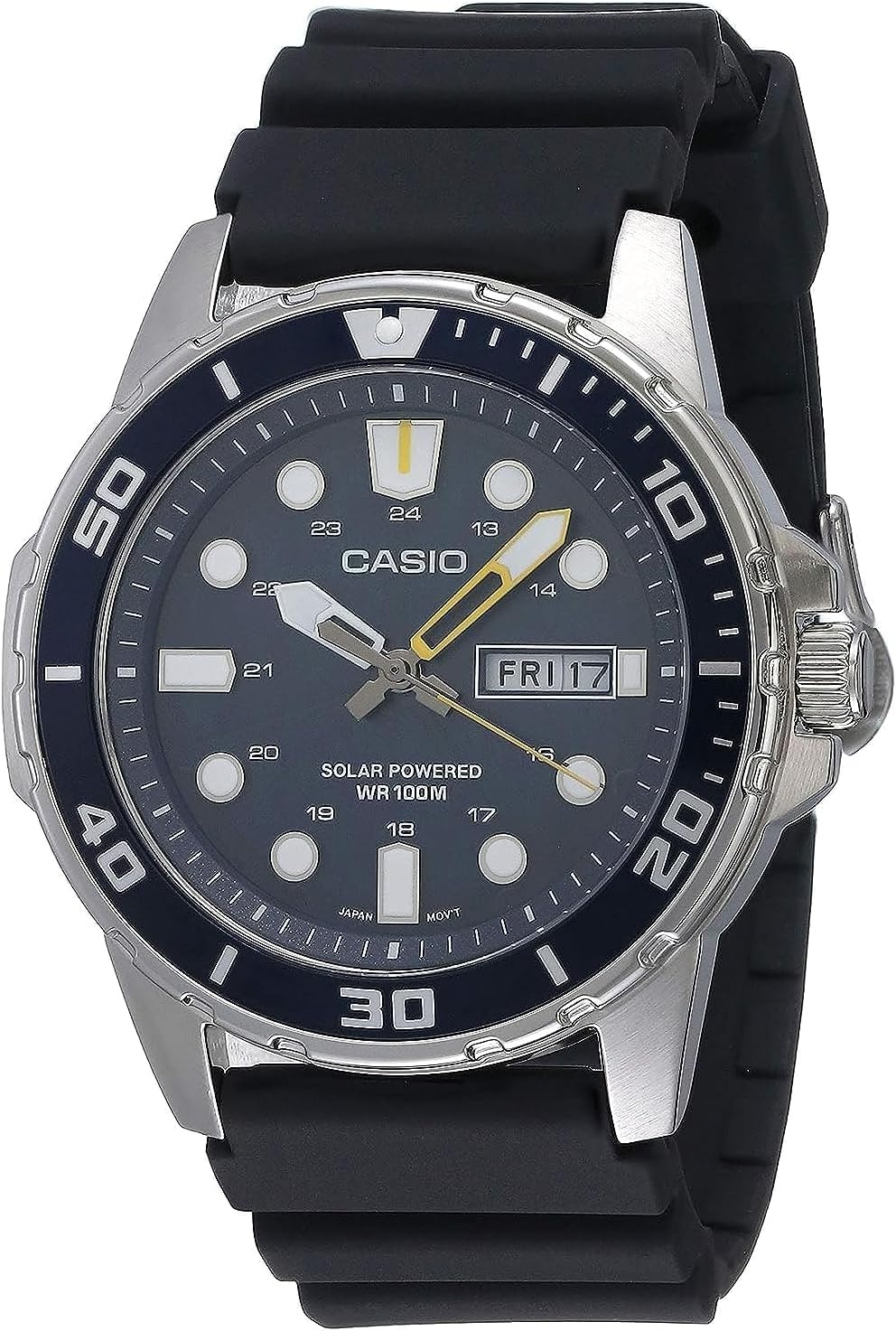 image:imageCasio MTPS110 Series Unisex Analog Watch 100M WR Stainless Steel Case 3 Hand Analog HR Min SEC Date Display Low Battery Alert Diver Inspired Styling Solar PoweredBlack