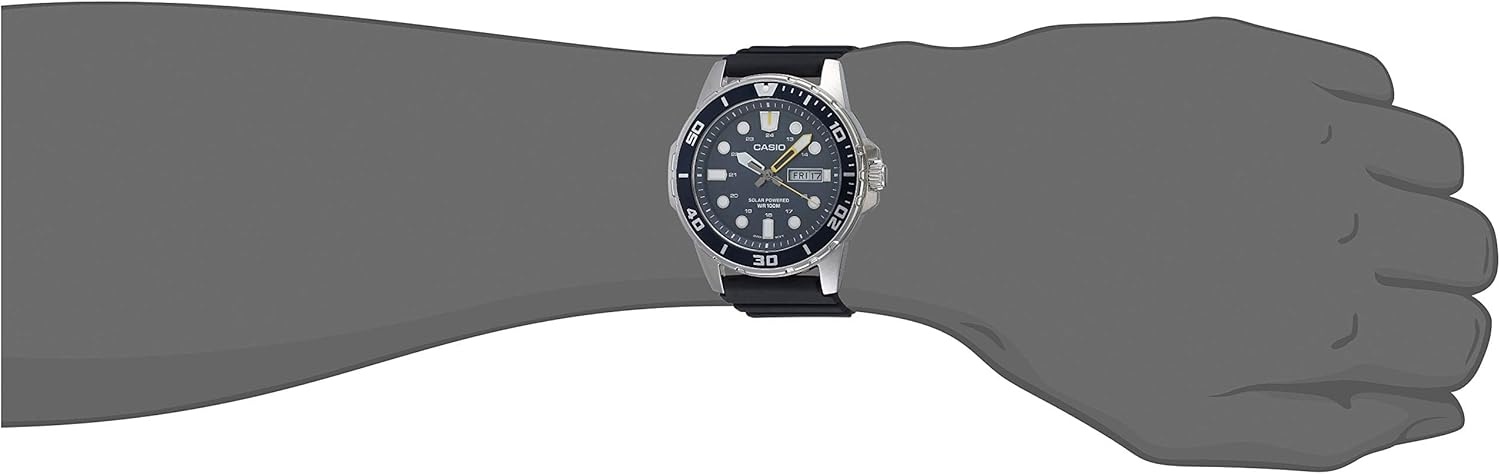 image:imageCasio MTPS110 Series Unisex Analog Watch 100M WR Stainless Steel Case 3 Hand Analog HR Min SEC Date Display Low Battery Alert Diver Inspired Styling Solar PoweredBlack