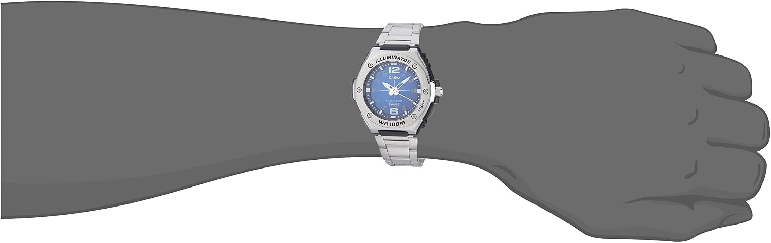 image:imageCasio MWA100H Series Mens Analog Watch 100M WR Stainless Steel Bezel LED Illuminator Backlight with Afterglow Resin Band 3 Hands HR MIN SEC 3 Year BatteryBlueSilver