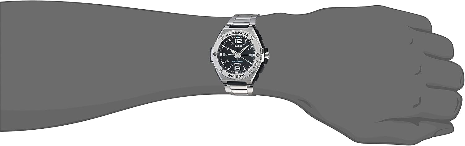 image:imageCasio MWA100H Series Mens Analog Watch 100M WR Stainless Steel Bezel LED Illuminator Backlight with Afterglow Resin Band 3 Hands HR MIN SEC 3 Year BatterySilver