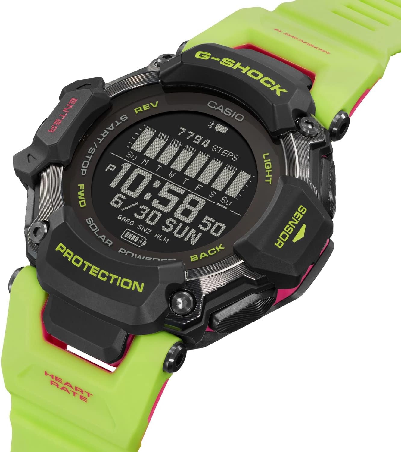 image:imageCasio Mens GShock Move GBDH2000 Series Multisport Run Bike Swim Gym Workout GPS Heart Rate Watch Quartz Solar Assisted Black Watch with Volt Yellow Resin Strap