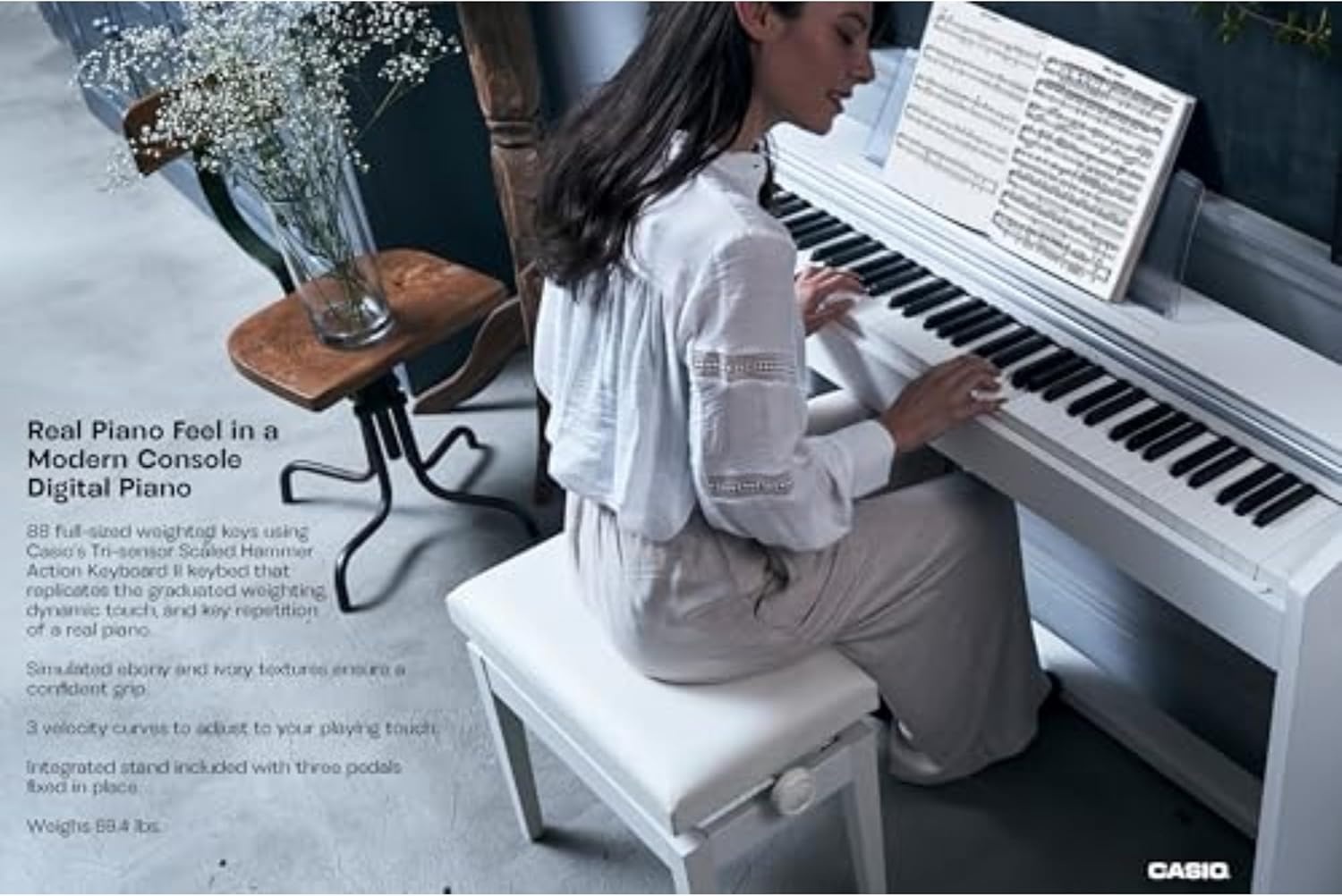 image:imageCasio Privia PX770 88Key Weighted Console Digital Piano TriSensor II Scaled Hammer Action Keys AiR Sound Source 19 Tones Concert Play 16W Stereo Speakers USBMIDI Elegant Brown CabinetWhite