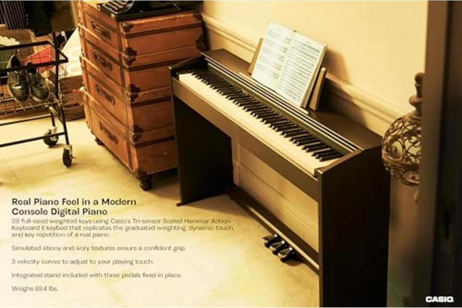 image:imageCasio Privia PX770 88Key Weighted Console Digital Piano TriSensor II Scaled Hammer Action Keys AiR Sound Source 19 Tones Concert Play 16W Stereo Speakers USBMIDI Elegant Brown CabinetBrown